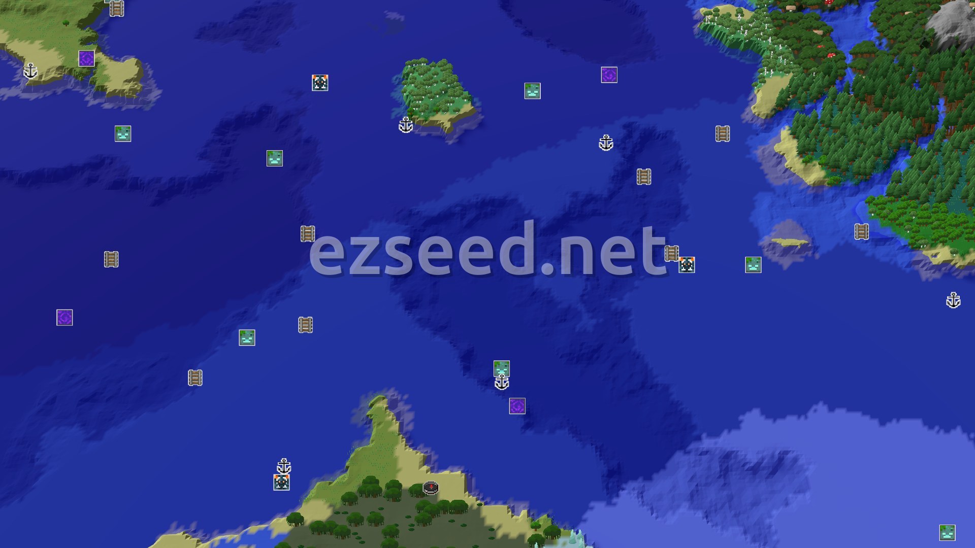 Aerial Minecraft seed map — A Swamp Spawn with Nearby Ice Spikes and Loot