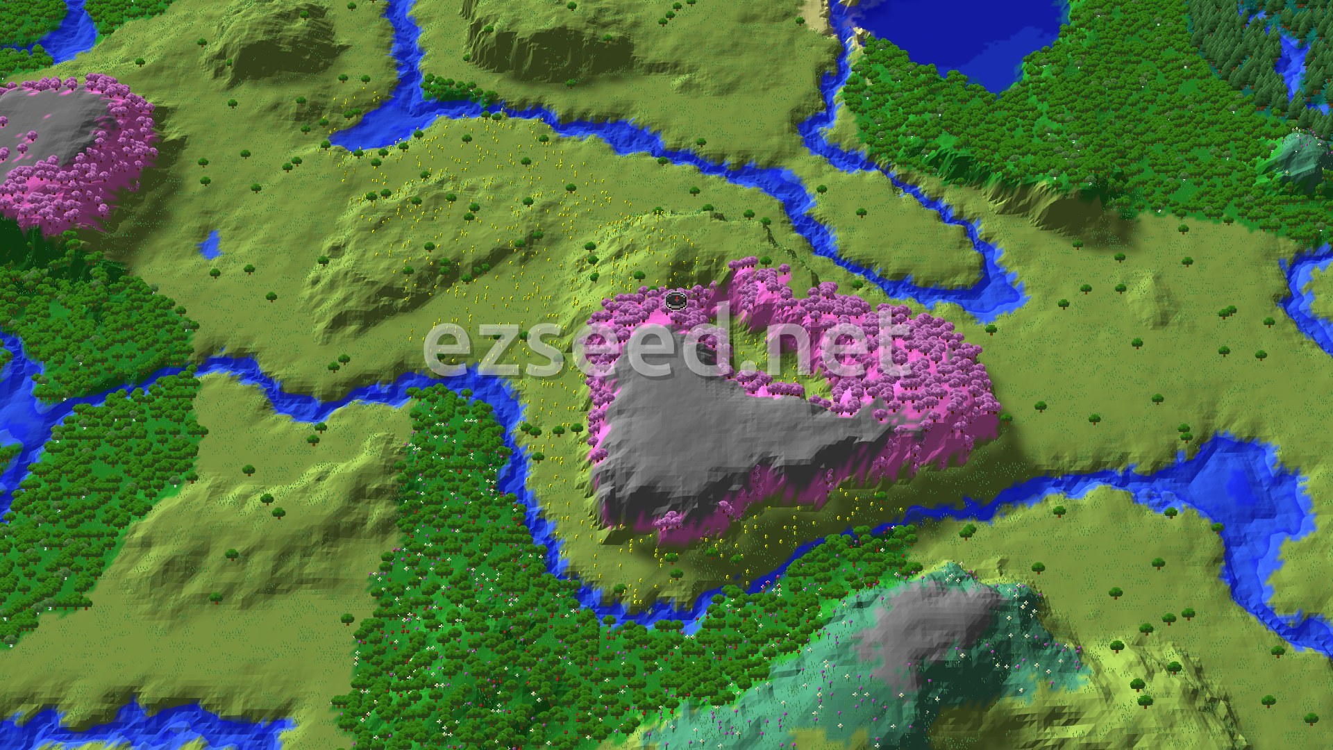 A 3D render of the spawn area, showing a large pink-leaved Cherry Grove mountain with rivers and green plains around it.