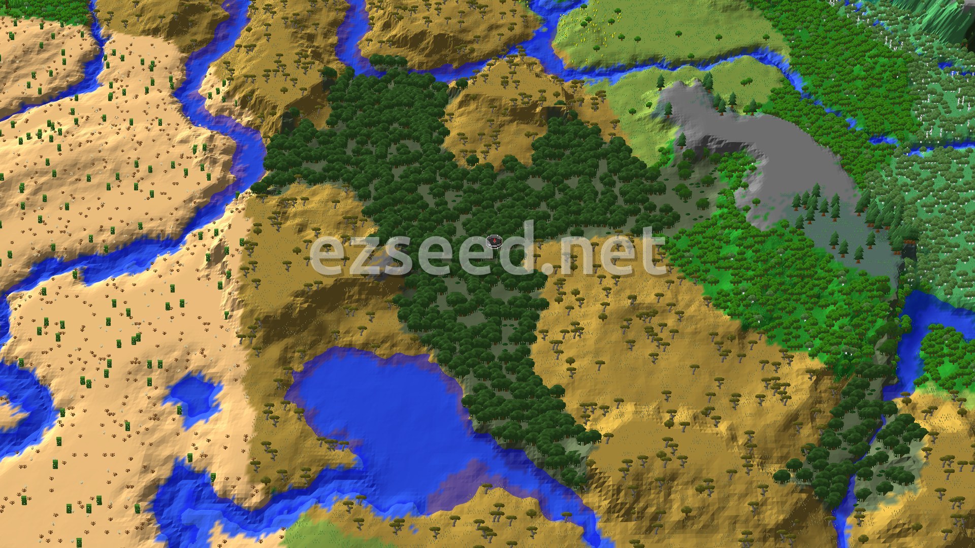 An overhead 3D render of a Minecraft world, showing a dark green mangrove swamp at the center, surrounded by lighter green savannas, winding blue rivers, and some sandy desert areas. A gray windswept hills biome is visible to the north.