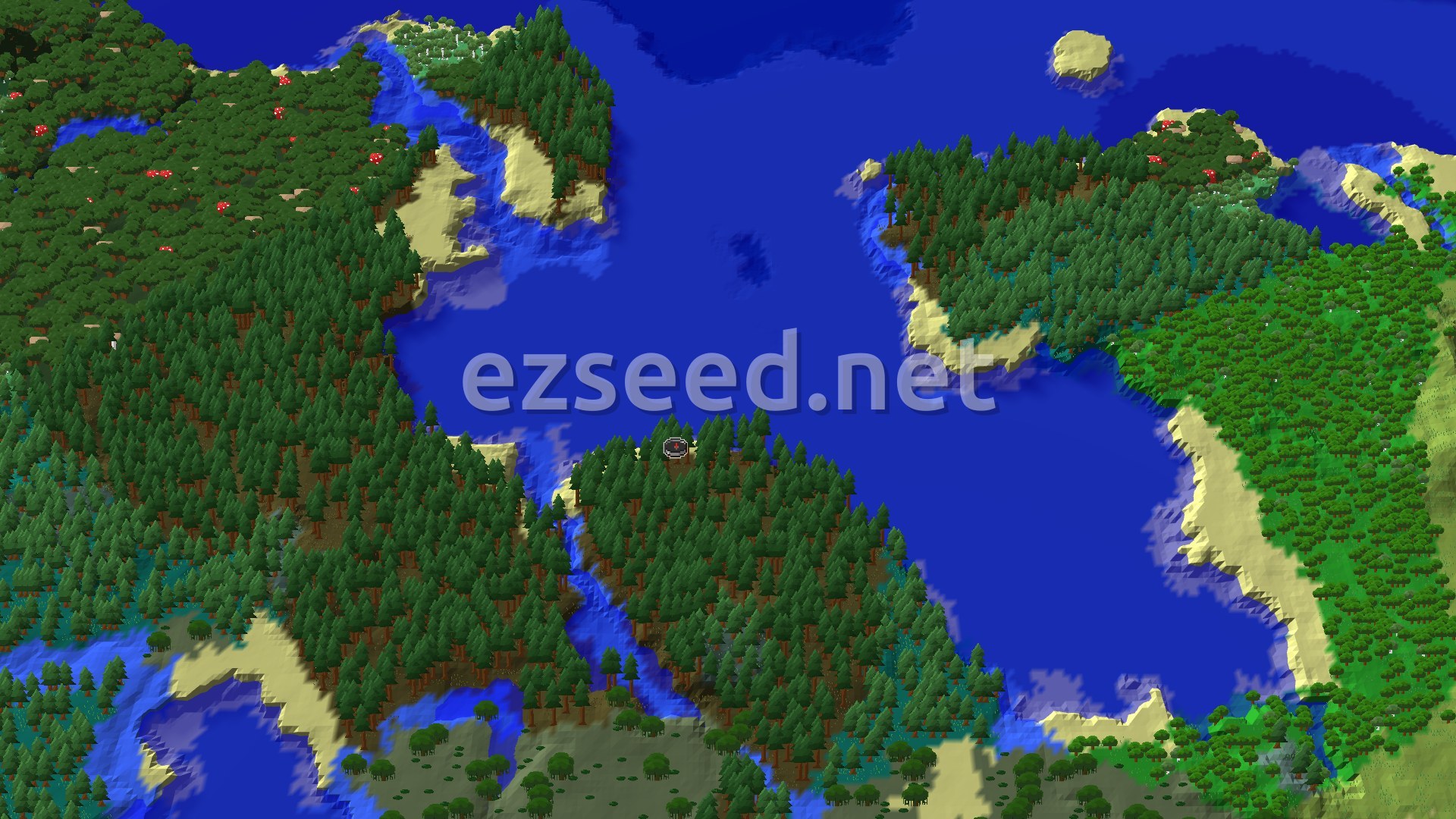 A 3D overhead view of a heavily forested taiga island surrounded by blue ocean, with a small spawn marker in the center.