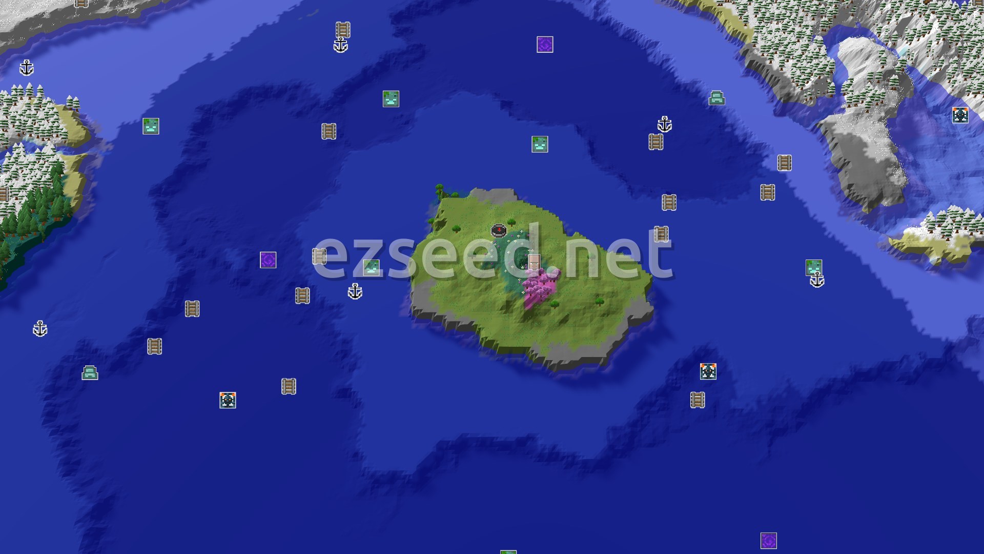 Aerial Minecraft seed map — Island Spawn with a Nearby Village and Ocean Adventures