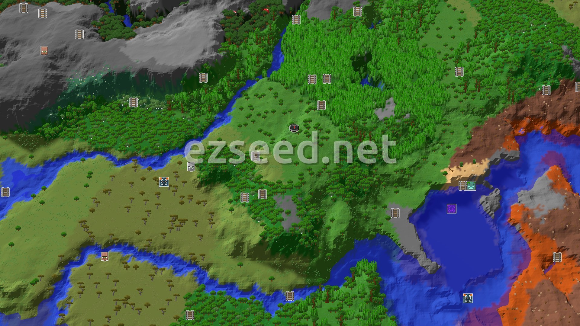 Aerial Minecraft seed map — Jungle Spawn, Mineshaft, and Distant Ancient City