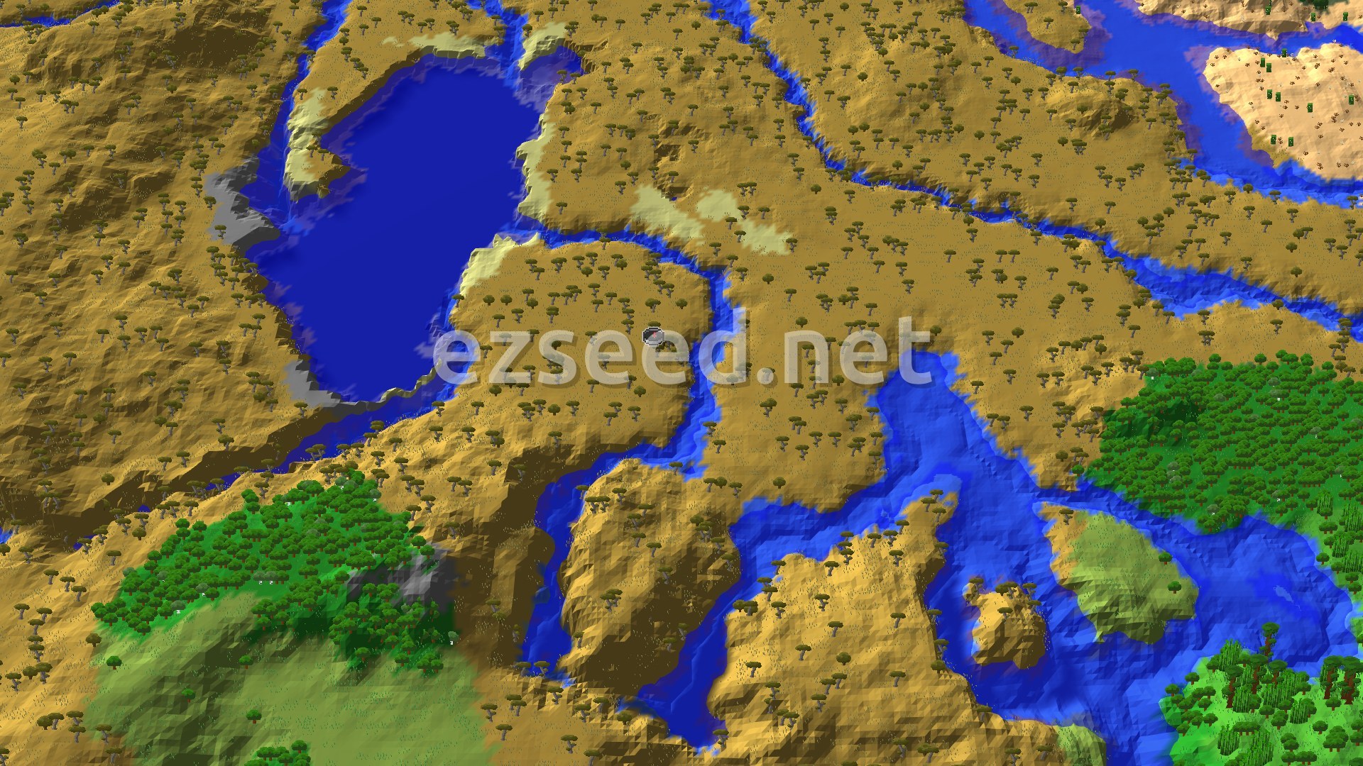 An aerial view of a varied landscape, featuring golden savanna hills dotted with acacia trees, winding blue rivers and lakes, and a dense green forest biome in the lower left.