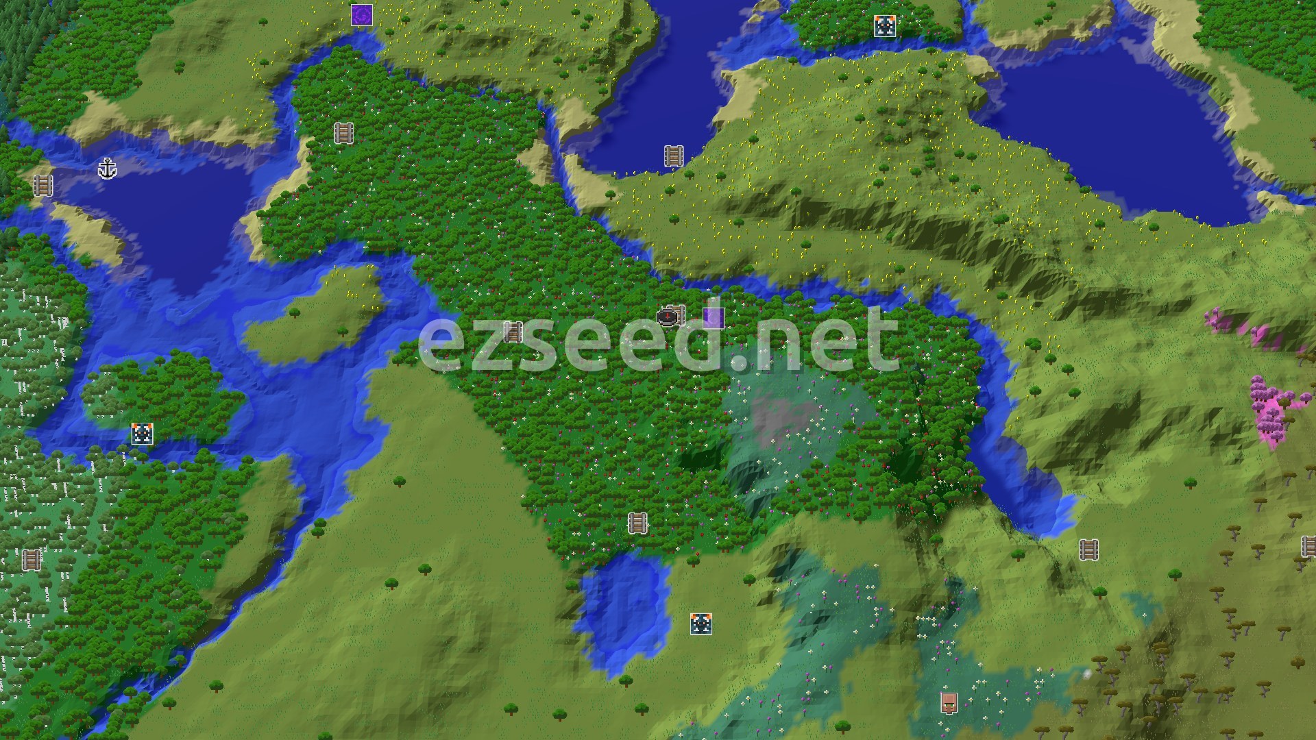 Aerial Minecraft seed map — A Flower Forest Start with Close Mineshaft and Village