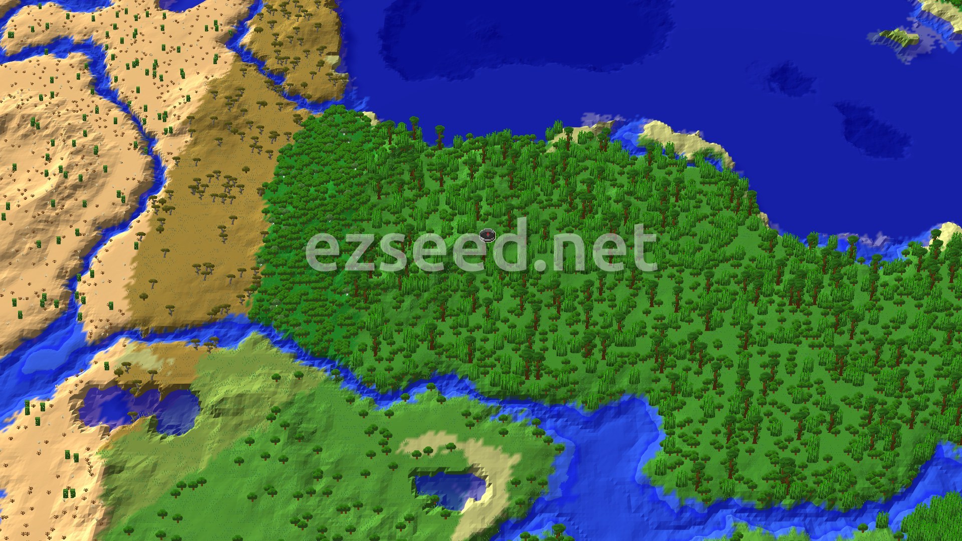 Aerial Minecraft seed map — Jungle Start with Far-Off Desert Pyramids and a Mansion