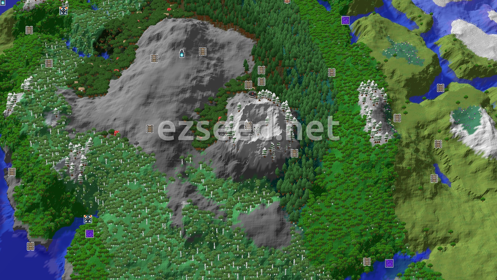 Aerial Minecraft seed map — Spawn in Jagged Peaks with Close Underground Riches