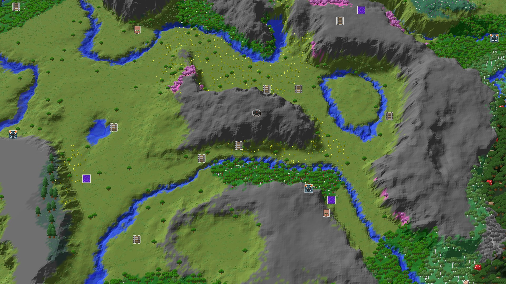 A 3D fly-over of a varied landscape, showing rolling green hills, a winding blue river, patches of pink cherry trees, and some darker forest areas, with a small marker at the center indicating spawn.