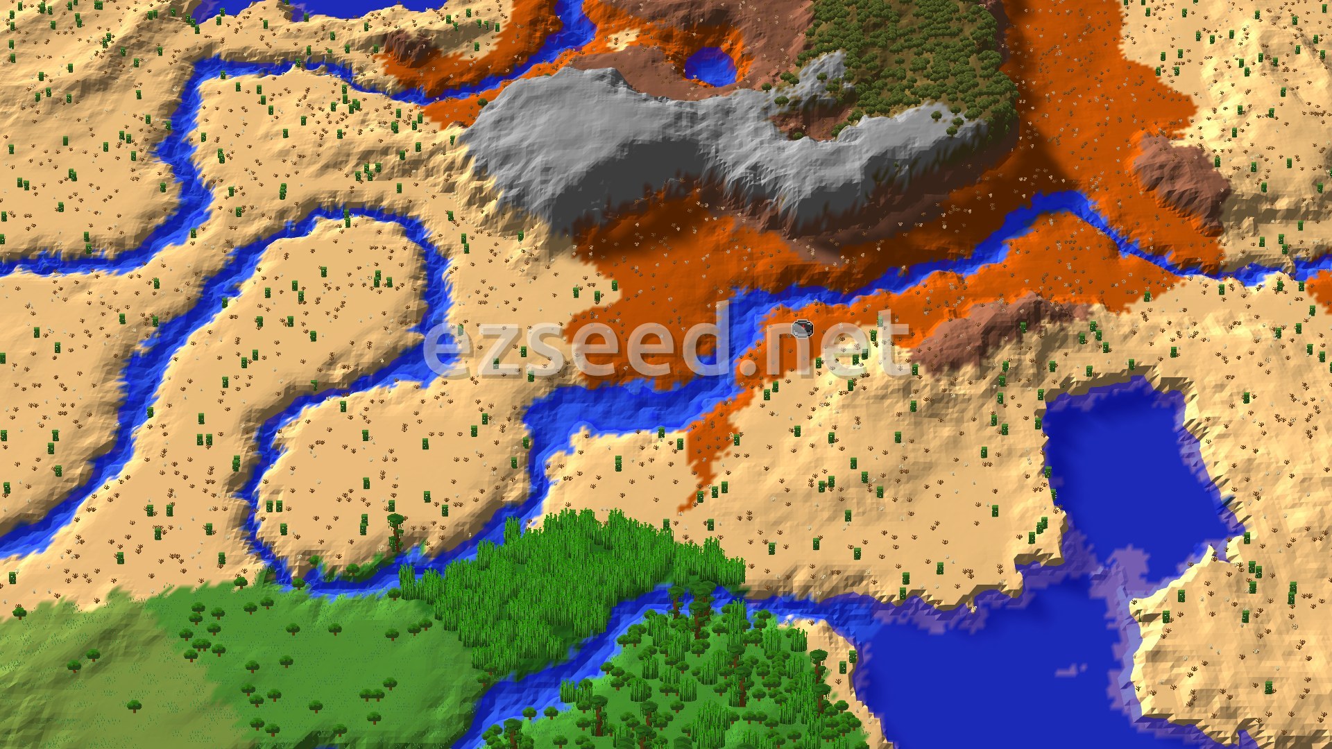 Aerial Minecraft seed map — Bamboo Jungle Near Badlands and Desert