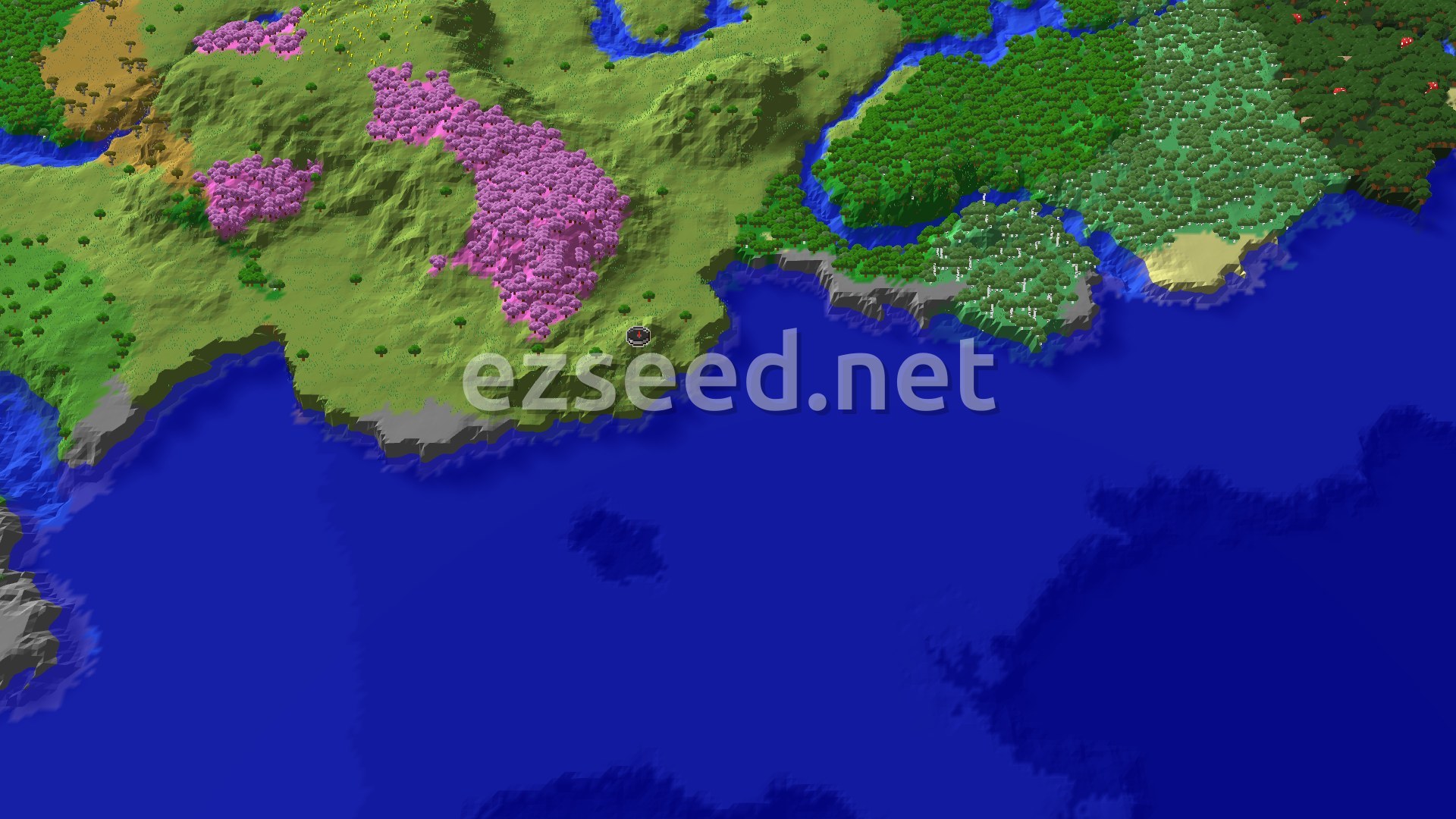 A 3D fly-over shows a green plains biome around the spawn marker, transitioning to a large pink cherry grove, a darker green forest, and a wide blue ocean with gray stony shores.