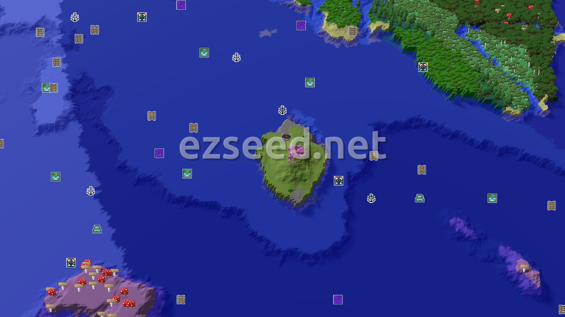 Aerial Minecraft seed map — Island Spawn with Mushroom Fields Nearby