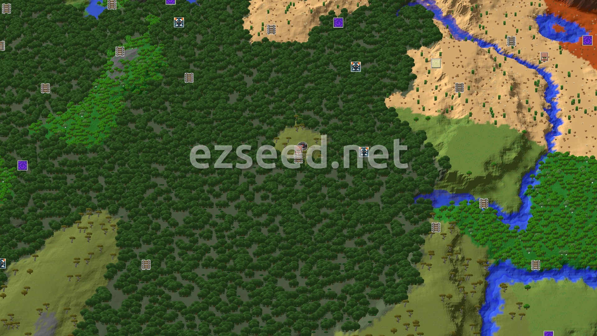 Aerial Minecraft seed map — Savanna and Mangrove Start with Close Village