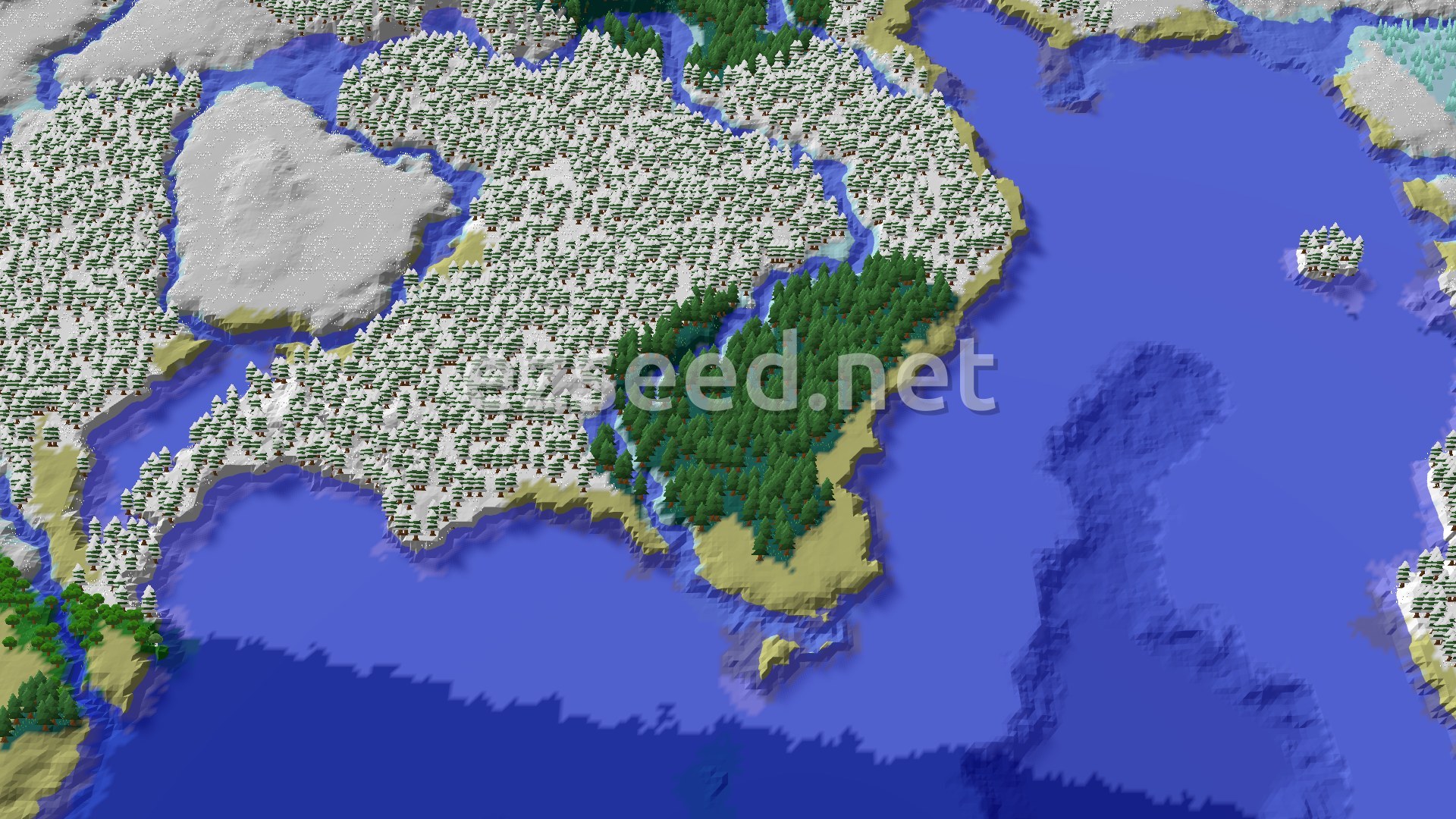 Aerial Minecraft seed map — Frozen Ocean and Taiga with Nearby Structures