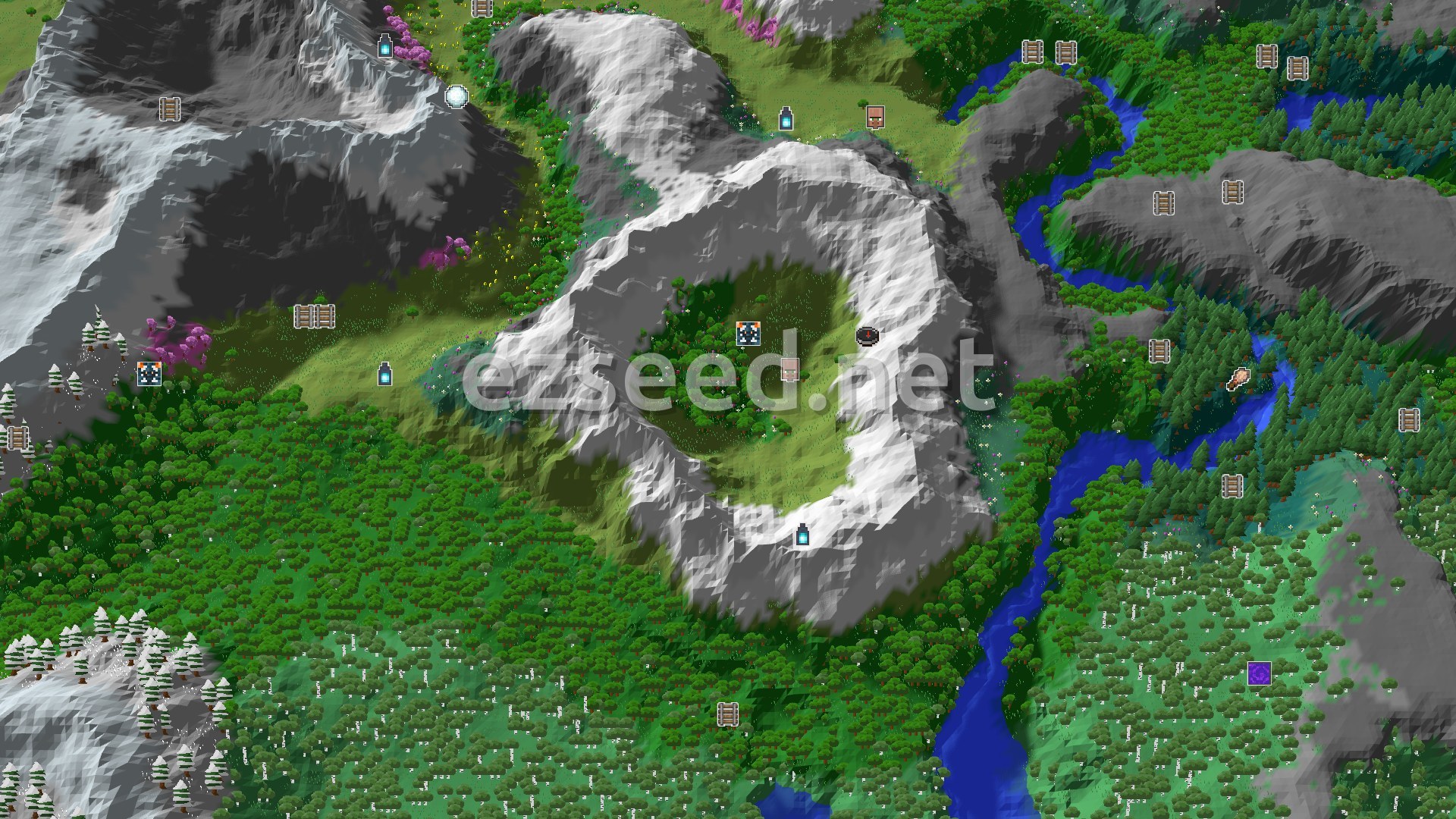 Aerial Minecraft seed map — Snowy Peaks and Plains with a Nearby Village