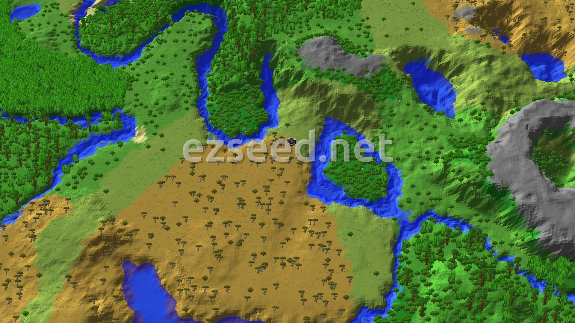 Aerial Minecraft seed map — Savanna Start With Nearby Ancient City and Jungles