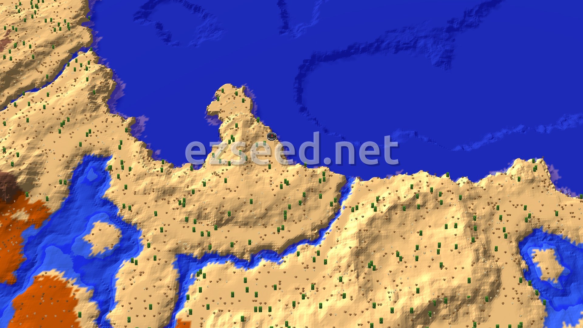 An overhead view of a vast desert landscape, dotted with cacti and small shrubs, bordering a large blue ocean. A small marker indicates the spawn point on a desert peninsula.