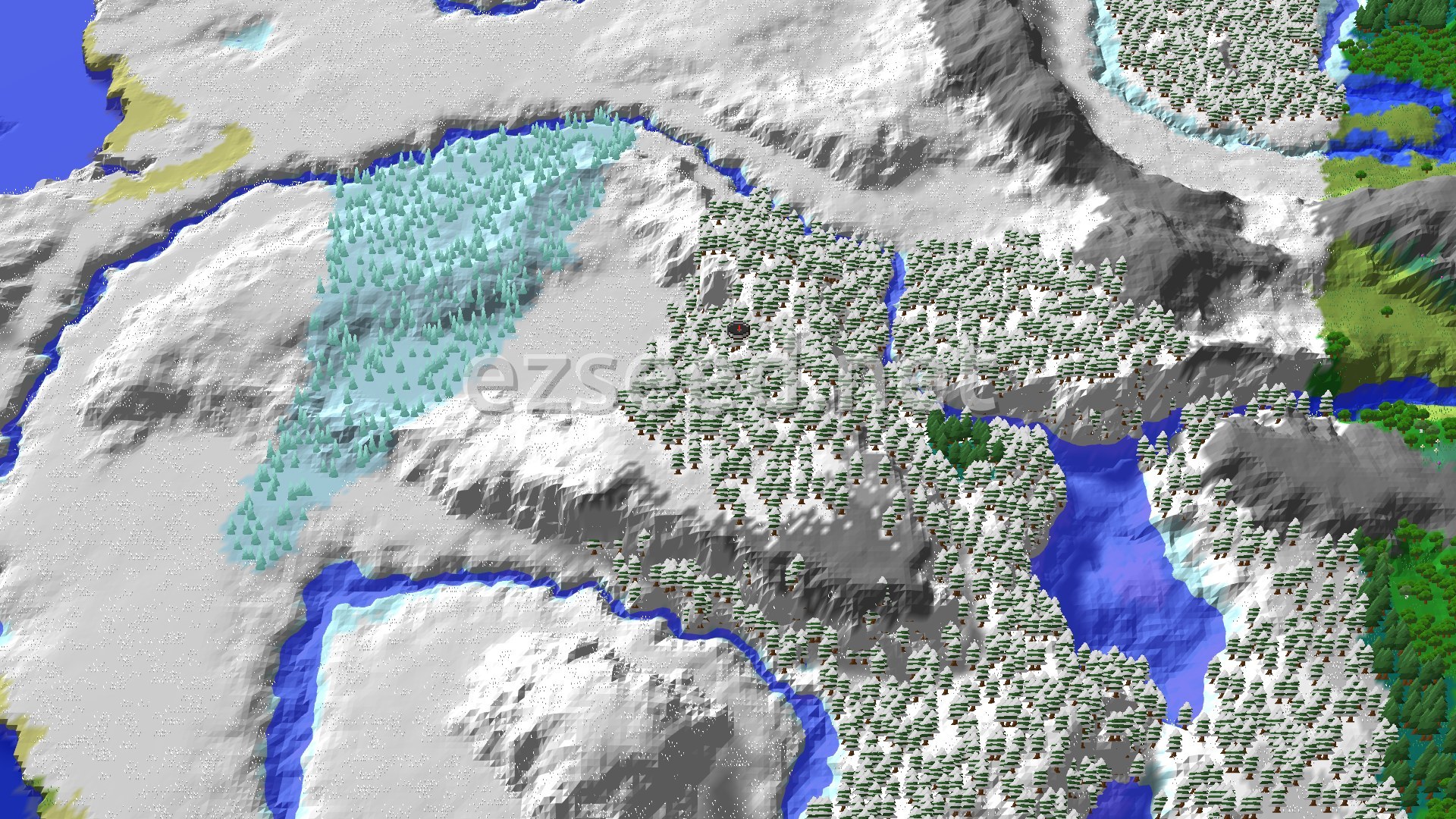 Aerial Minecraft seed map — Ice Spikes Near Spawn in a Snowy World