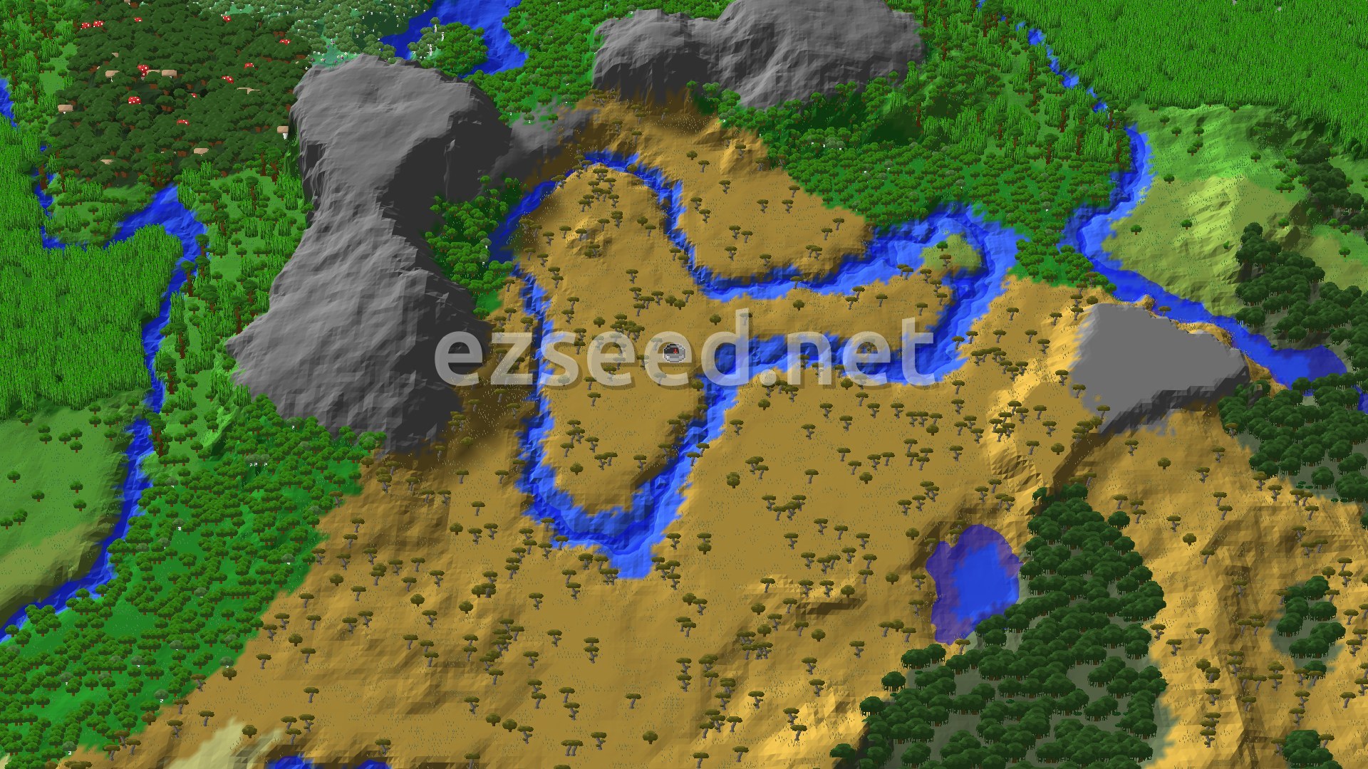 An aerial view of a savanna biome with scattered acacia trees, winding rivers, and a few grey mountains, bordered by lush green forests.