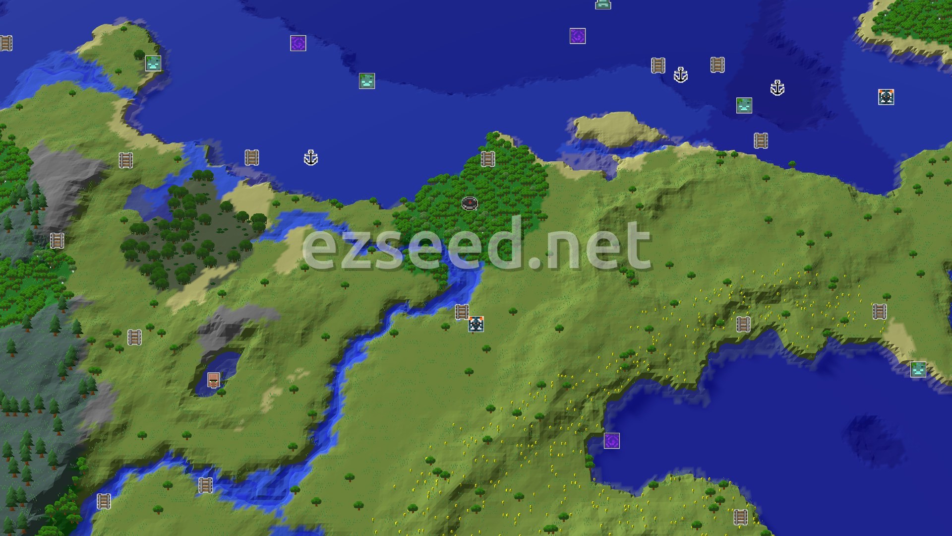 Aerial Minecraft seed map — A Modest Start with a Nearby Trial Chamber