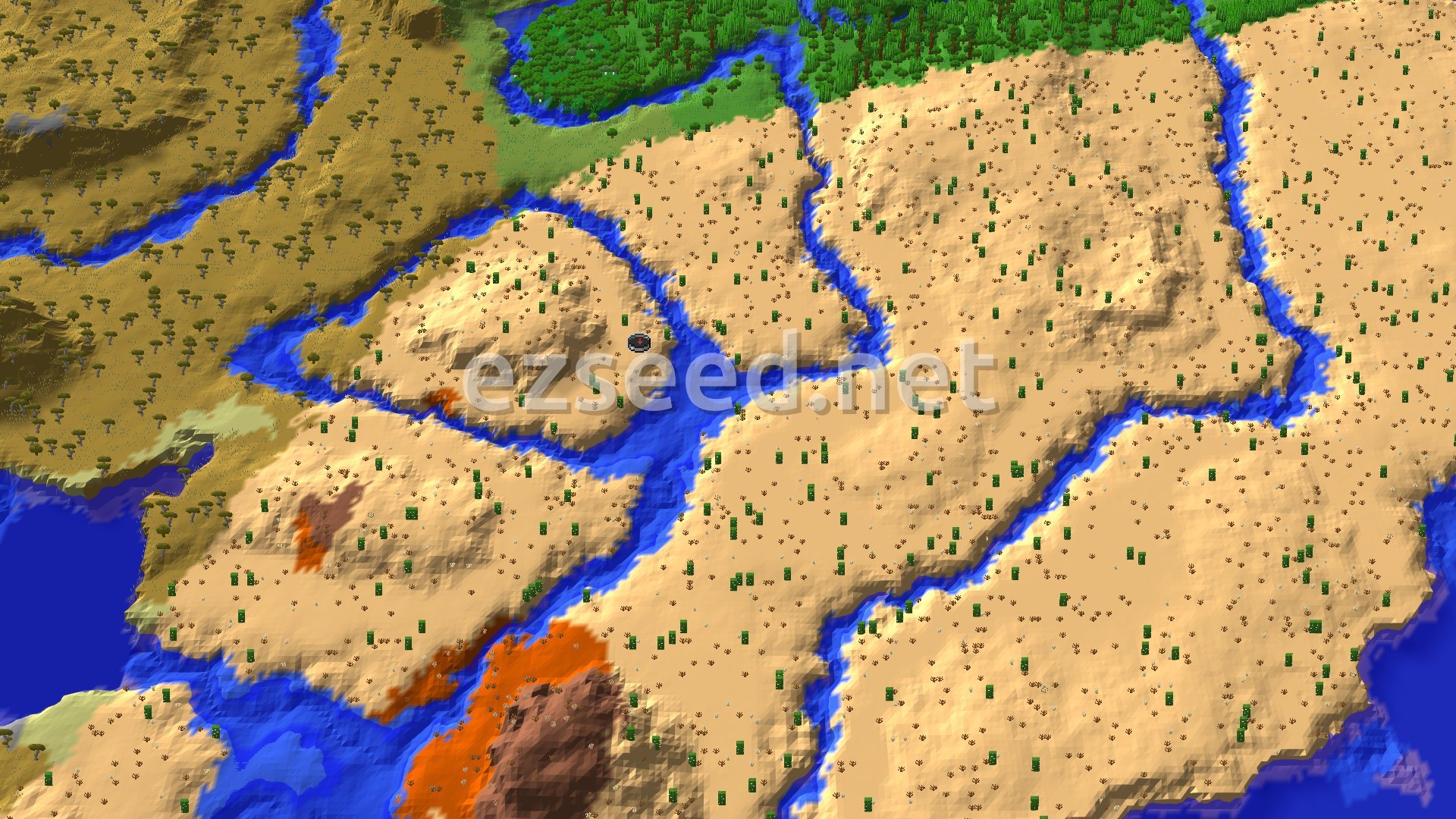 Aerial Minecraft seed map — Desert Spawn with Nearby Badlands and Trial Chambers