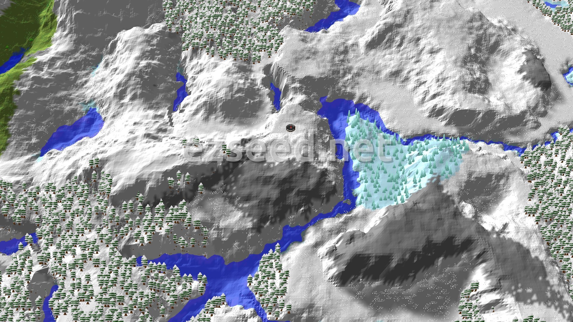 A 3D fly-over rendering of a snow-covered mountainous landscape with scattered conifer trees and blue rivers, with a spawn marker in the center.