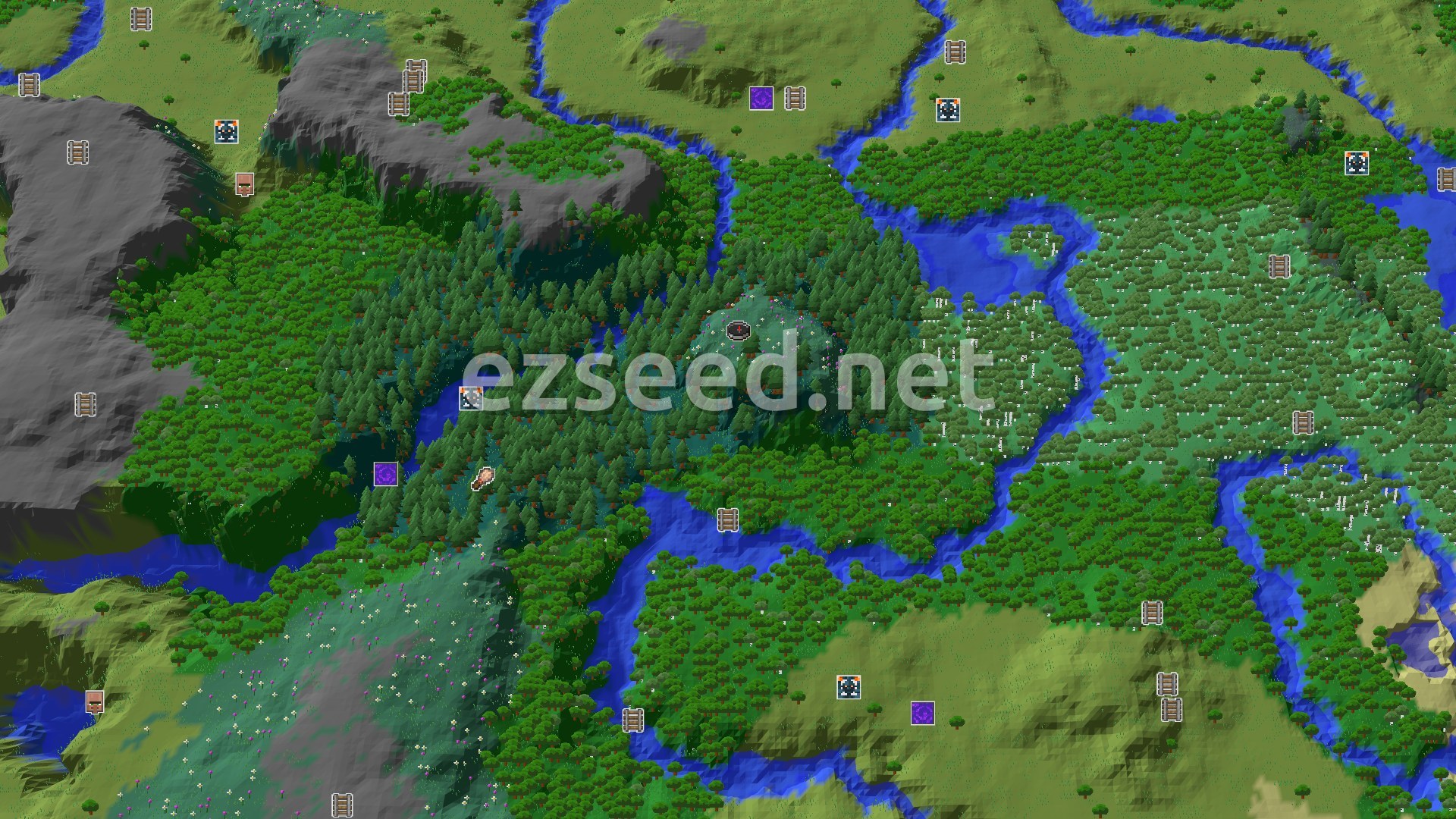 Aerial Minecraft seed map — A Quiet Meadow Start with Nearby Trial Chambers