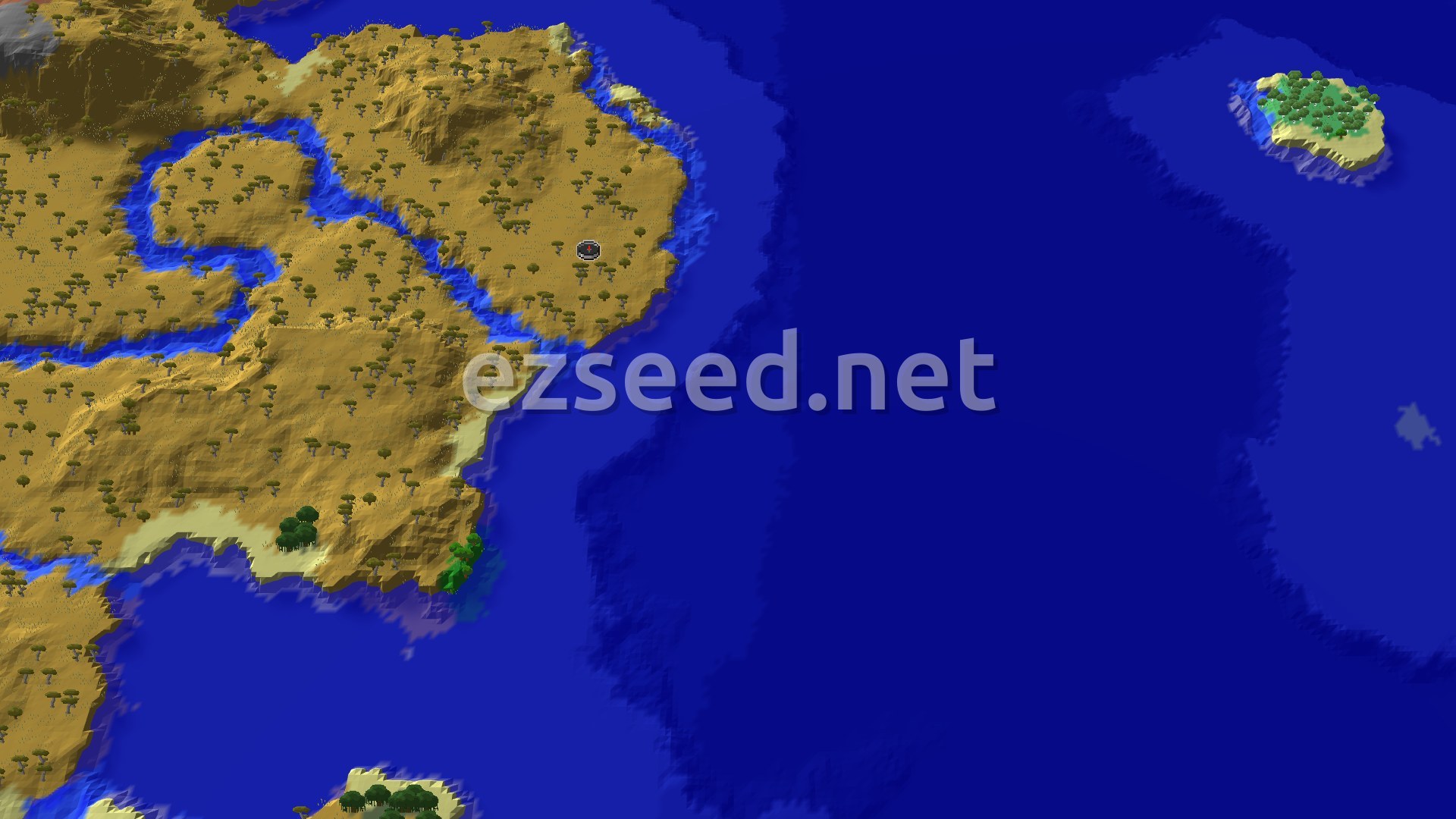 A 3D overhead view of a savanna biome with scattered acacia trees, a winding river, and a large ocean to the east. A small island is visible in the distance.