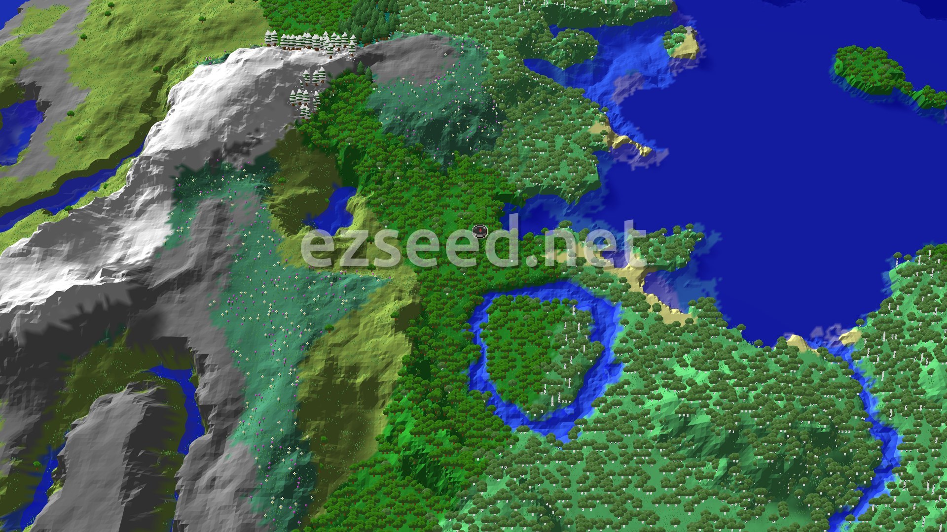 A 3D render of a forested landscape with a large body of water to the east and snowy mountains to the west. A small spawn marker is visible in the central forest.