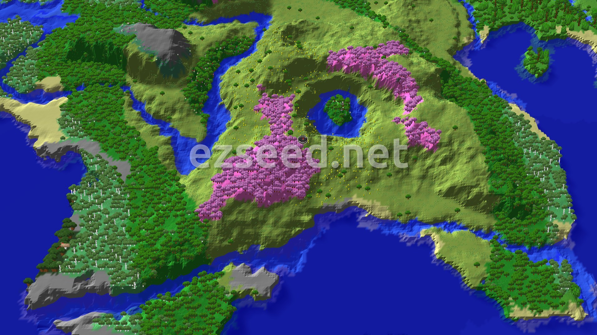 Aerial Minecraft seed map — Cherry Grove Spawn and Close Trial Chambers
