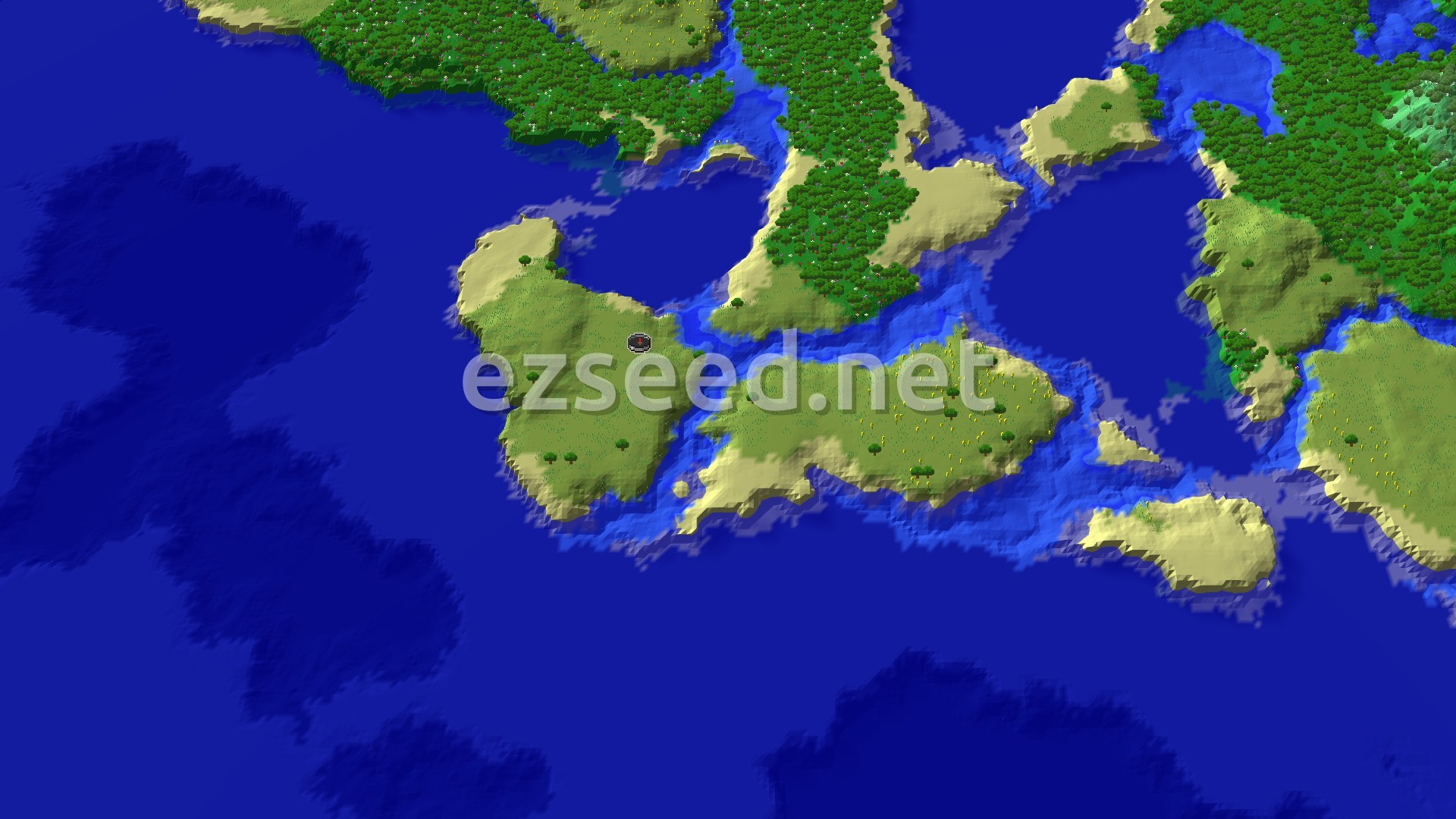 Aerial Minecraft seed map — An Ocean Ruin and Shipwreck Near a Flower Forest