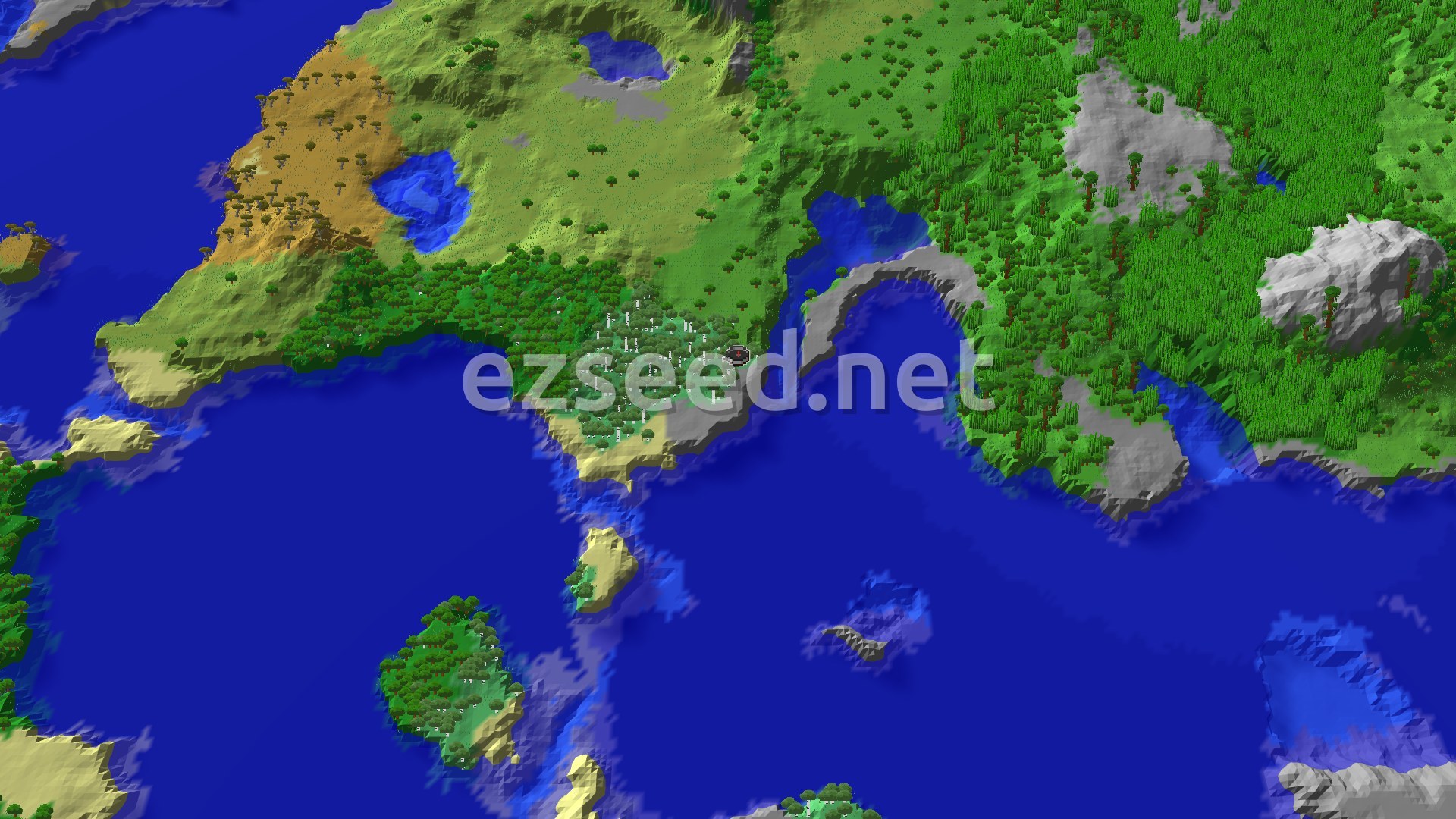 Aerial Minecraft seed map — Spawn Near a Trial Chamber and Multiple Jungles