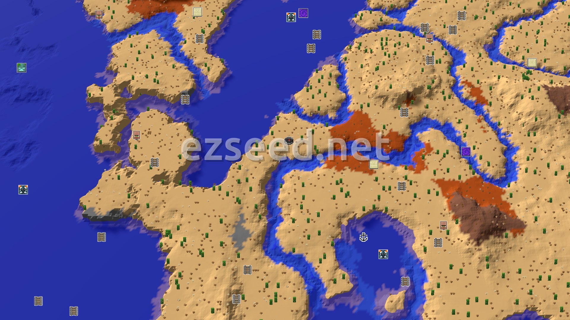 Aerial Minecraft seed map — Desert Spawn with Nearby Badlands and Many Structures