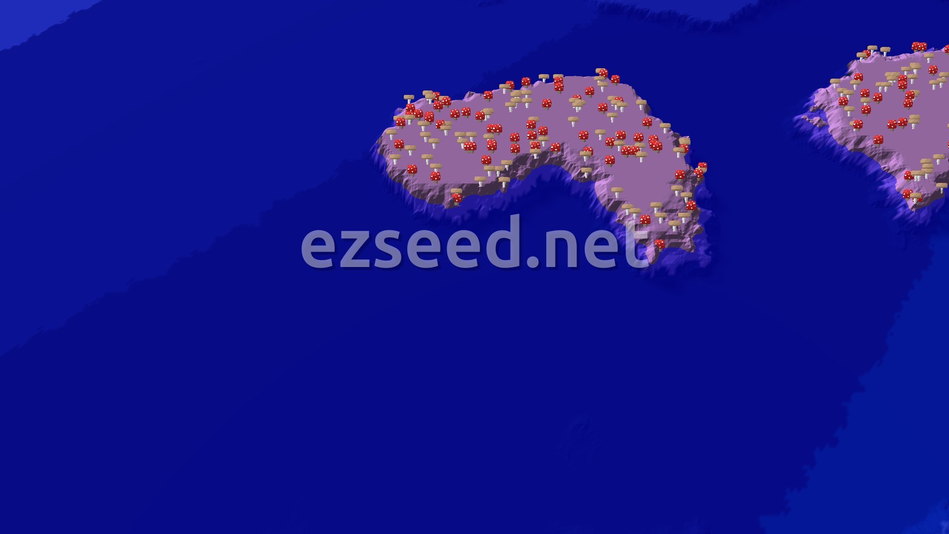 An aerial view shows two islands covered in large red and brown mushrooms, surrounded by deep blue ocean.