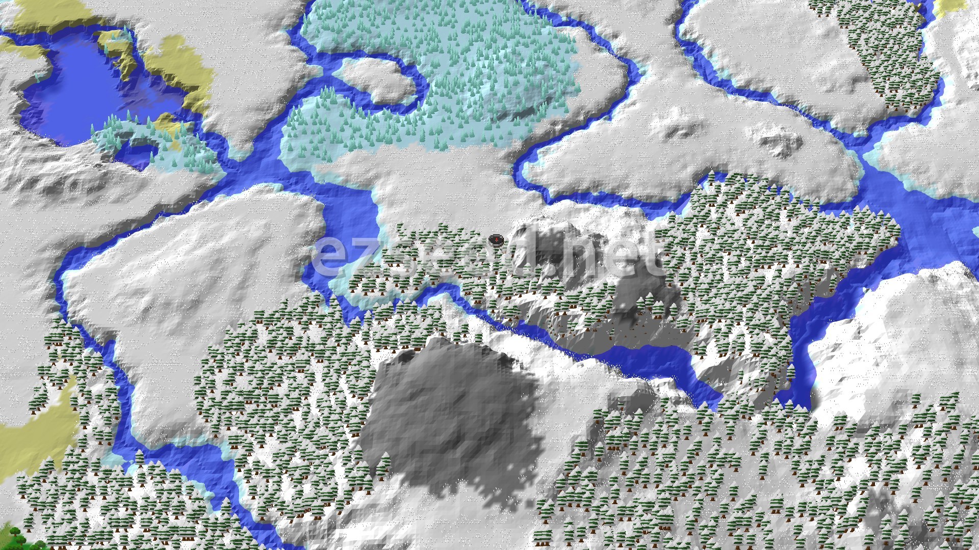 Aerial Minecraft seed map — Ancient City Near Spawn in a Snowy Landscape