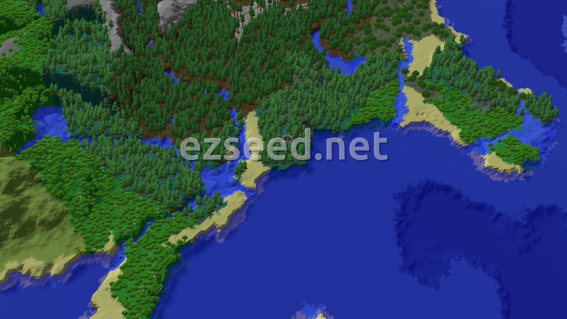 Aerial Minecraft seed map — A Taiga Spawn with an Immediate Village