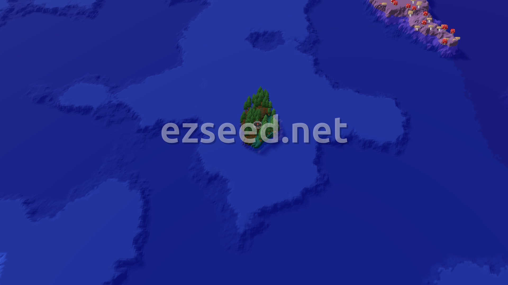 Aerial Minecraft seed map — Island Spawn with a Close Village and Mineshaft