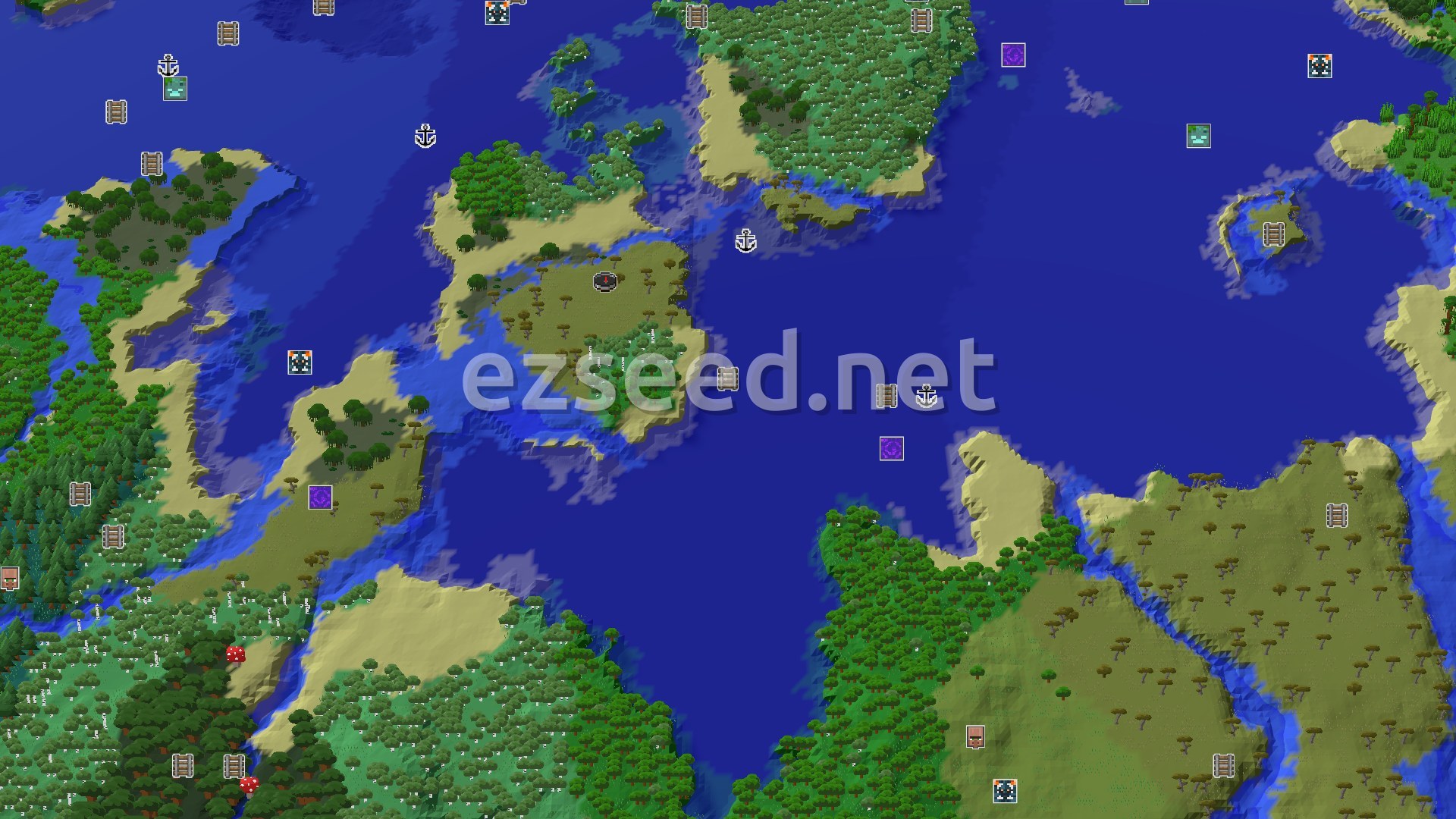 Aerial Minecraft seed map — A Savanna Start with a Shipwreck and Trial Chambers