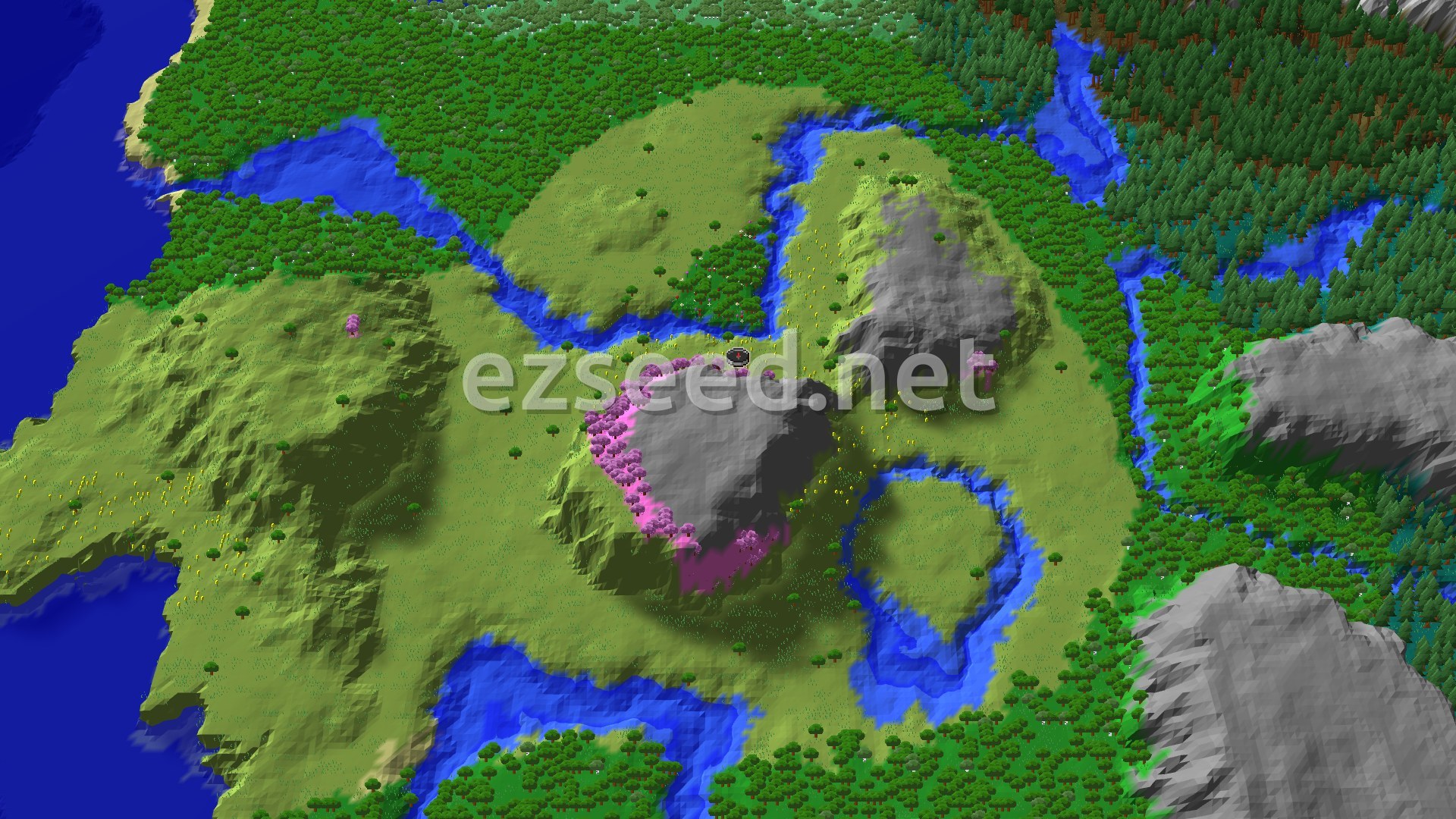 A 3D fly-over of a seed showing a central mountain with a cherry grove, surrounded by plains, forests, and winding rivers leading to an ocean.