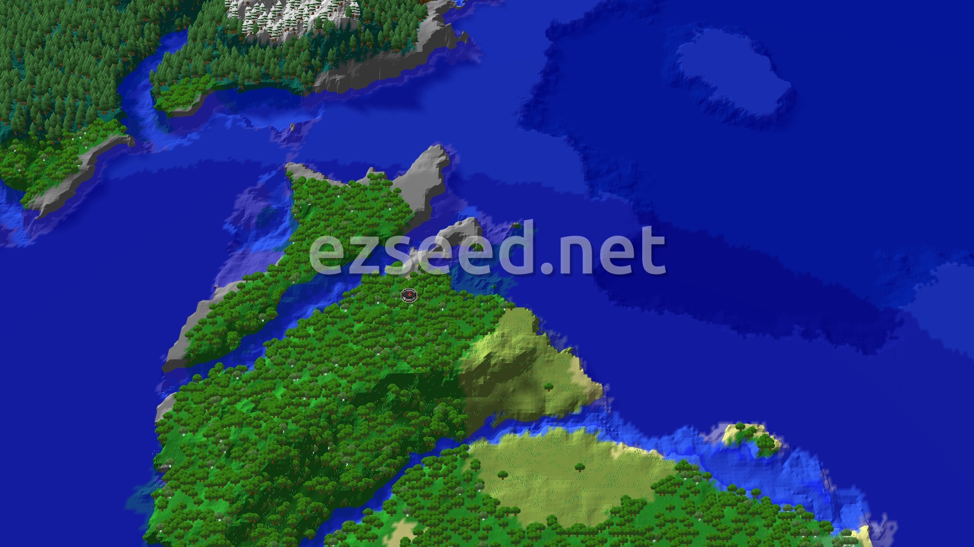 Aerial Minecraft seed map — Ocean-Side Forest with Distant Ancient City