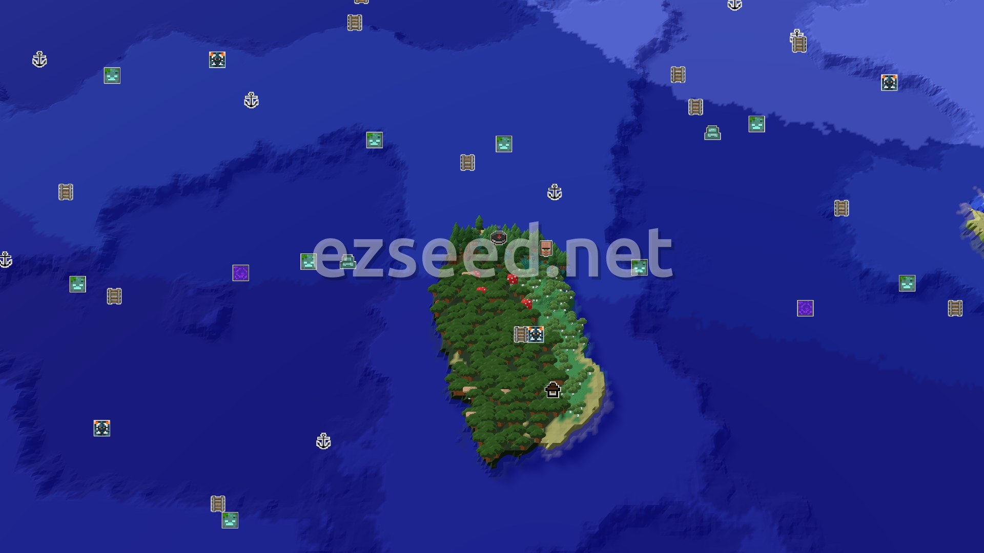 A 3D fly-over rendering of a green island with tall trees and a sandy beach, surrounded by deep blue ocean, with a small spawn marker in the center.