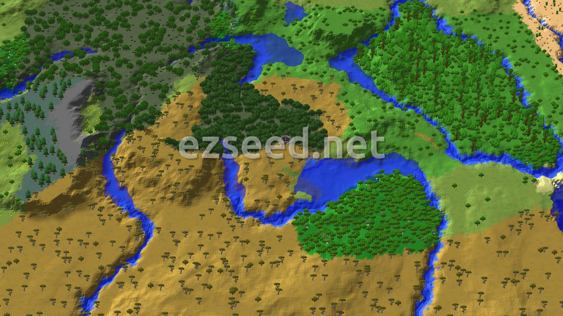 Aerial Minecraft seed map — Windswept Savanna Spawn With Nearby Mangrove Swamp
