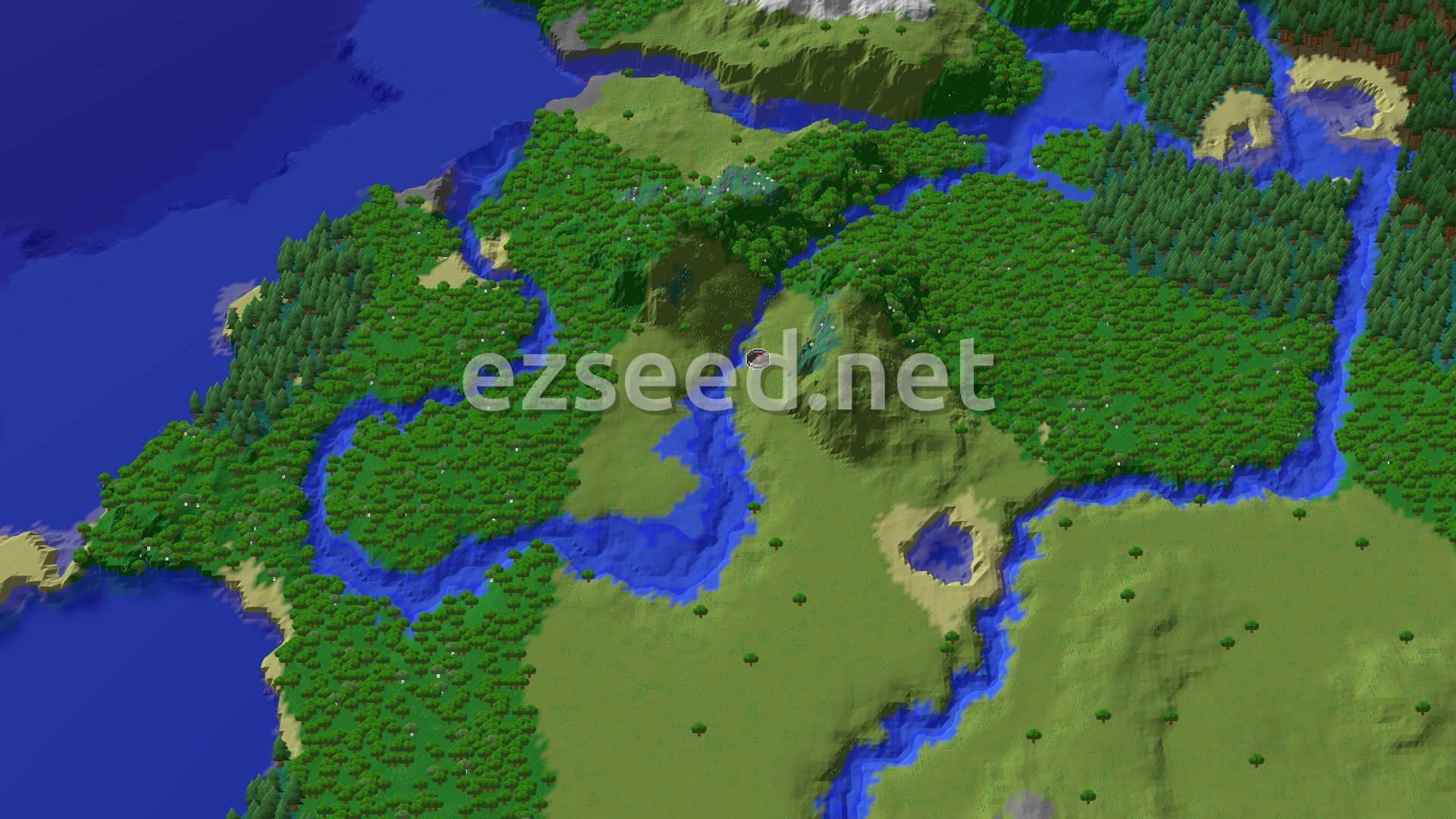 An aerial view of a Minecraft world showing rolling plains, dense forests, and distant snow-capped mountains under a clear sky.