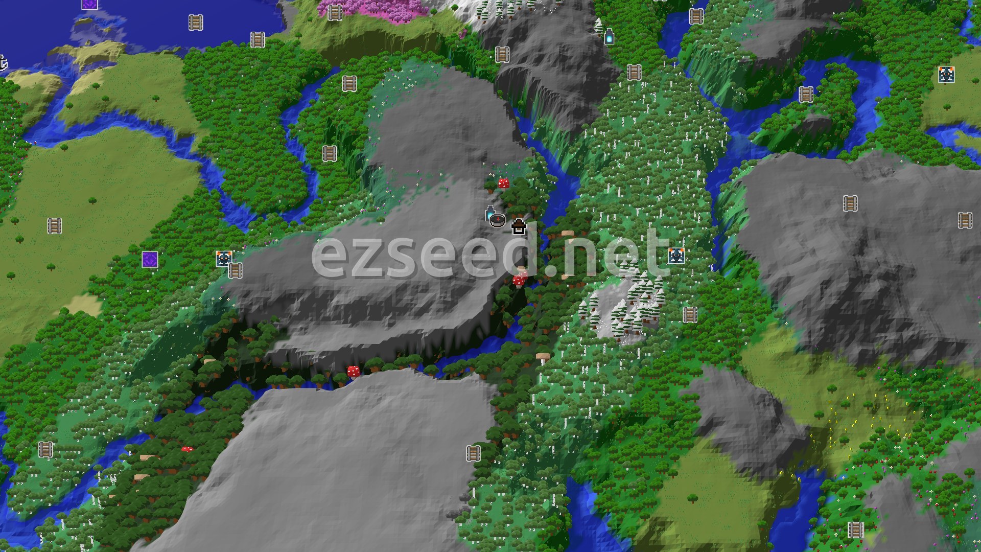 Aerial Minecraft seed map — Dark Forest Spawn with an Ancient City Nearby