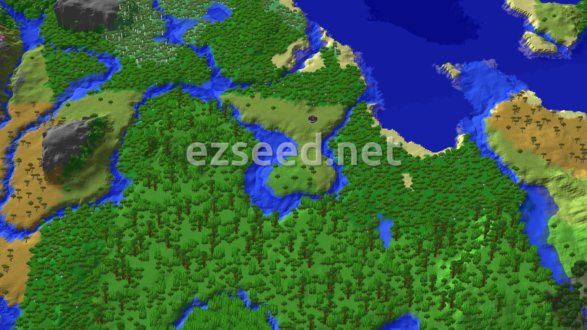 An aerial view of a varied landscape featuring a central plains biome surrounded by dense forests, rivers, and a large ocean to the east. A spawn marker is visible in the plains.
