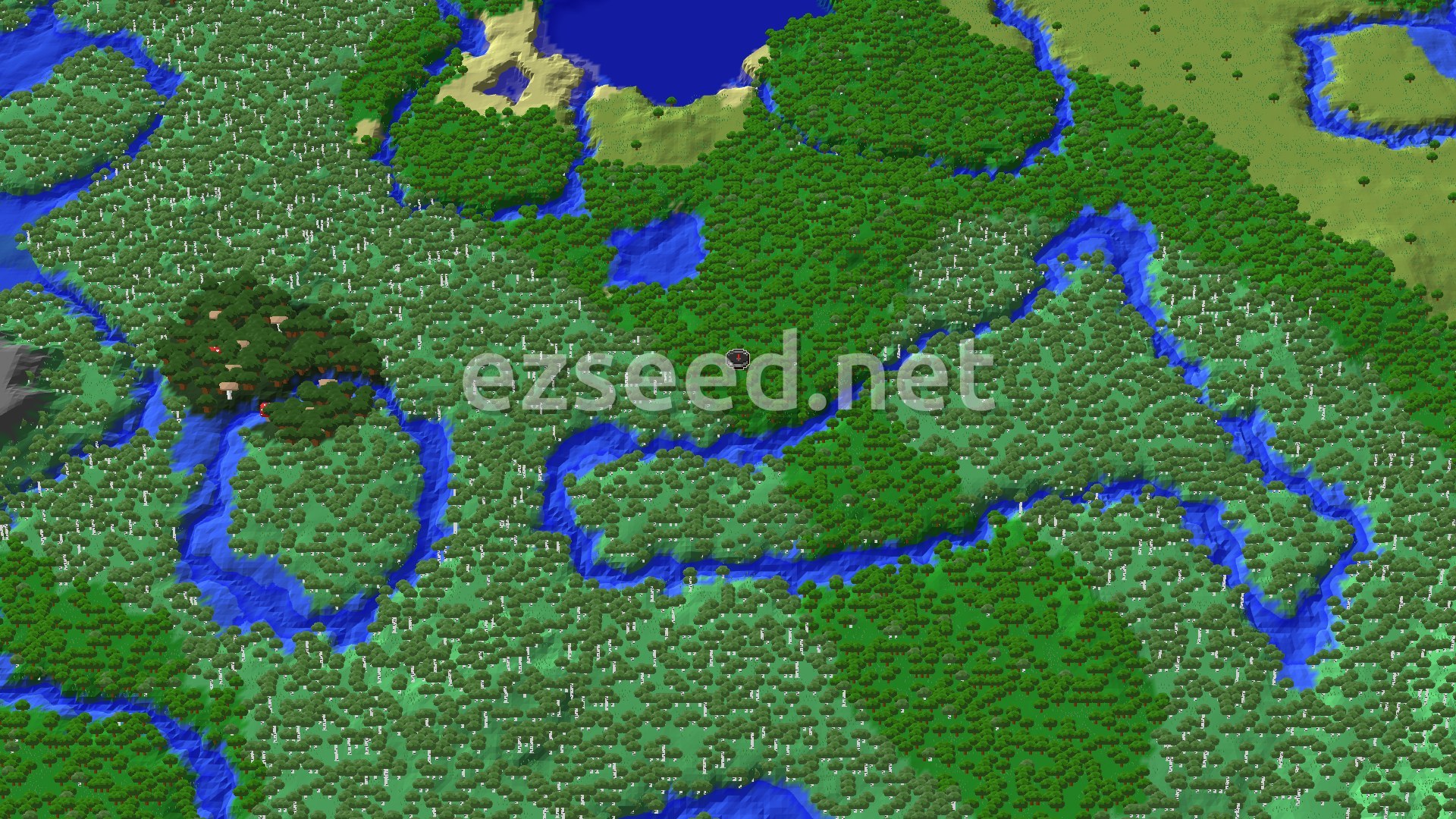 A bird's-eye view of a vast green forest, interspersed with blue rivers and a few small lakes. A spawn marker is visible near the center of the image, surrounded by trees.