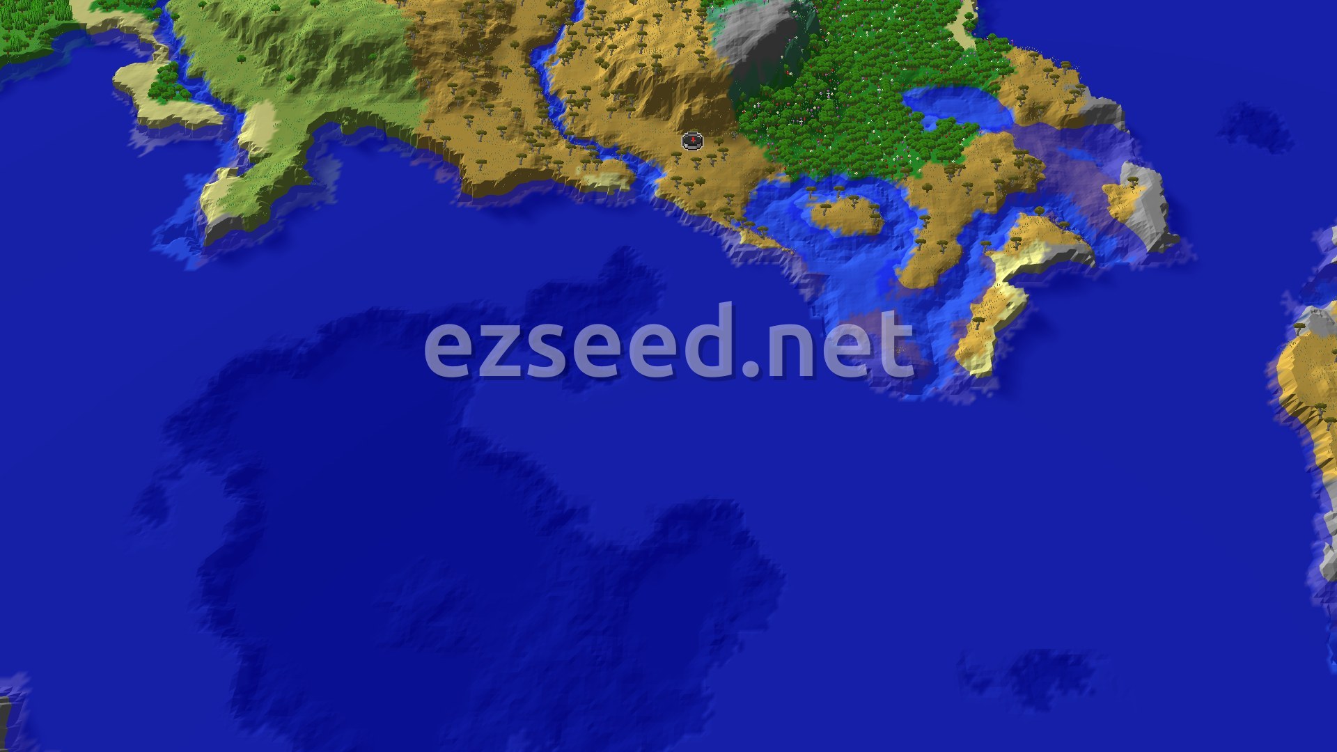 A 3D fly-over of a savanna and forest landscape near water, with a small spawn marker in the center.