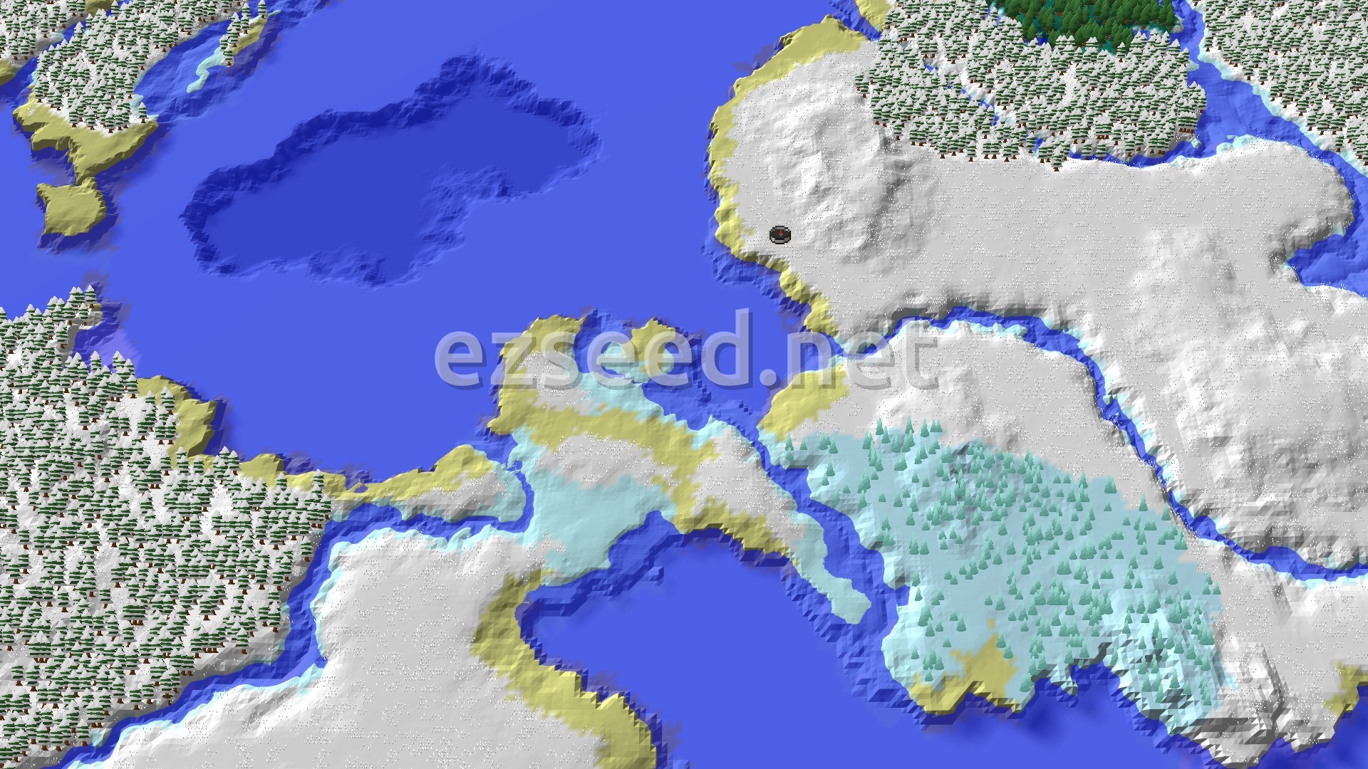 A vast, snow-covered landscape with scattered evergreen trees, bordering a deep blue frozen ocean, with a small spawn marker on a snowy plain.