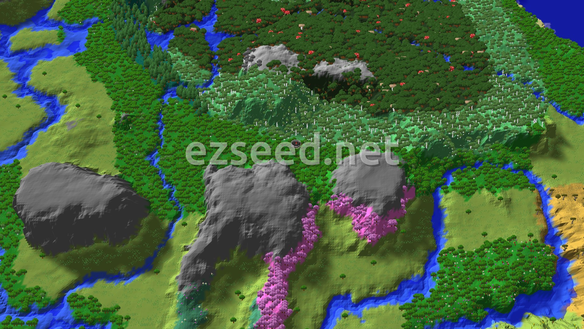 An overhead view of a diverse landscape with forests, a winding river, and a striking pink Cherry Grove contrasting with grey mountains.