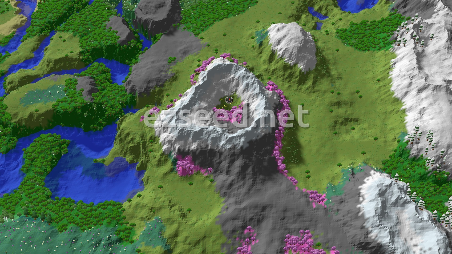 Aerial Minecraft seed map — Spawn in Sunflowers, Explore Nearby Mountains and Valleys