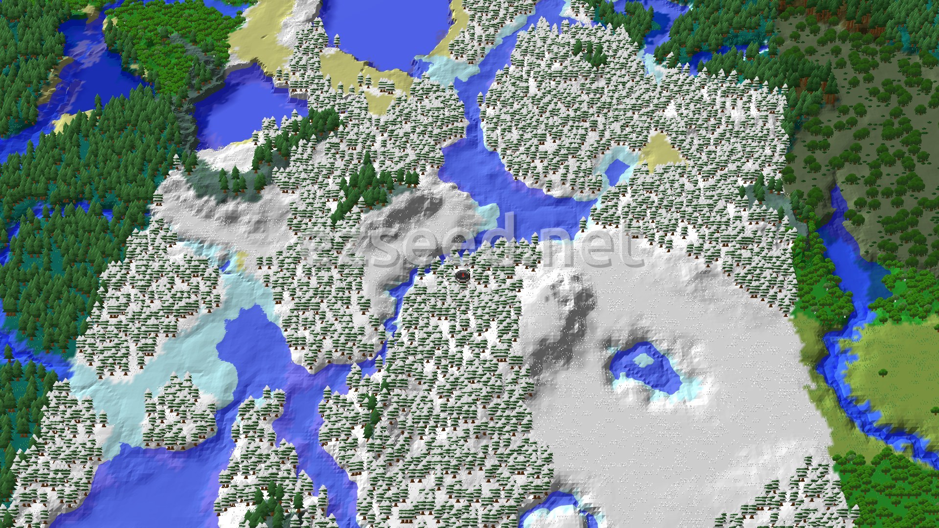 Aerial Minecraft seed map — Snowy Taiga Spawn With Windswept Hills Nearby