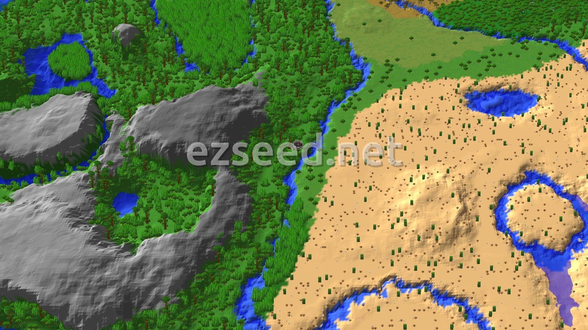 An aerial view showing a lush green jungle on the left, a river winding through, and a vast sandy desert biome on the right. Stony Peaks rise on the far left.